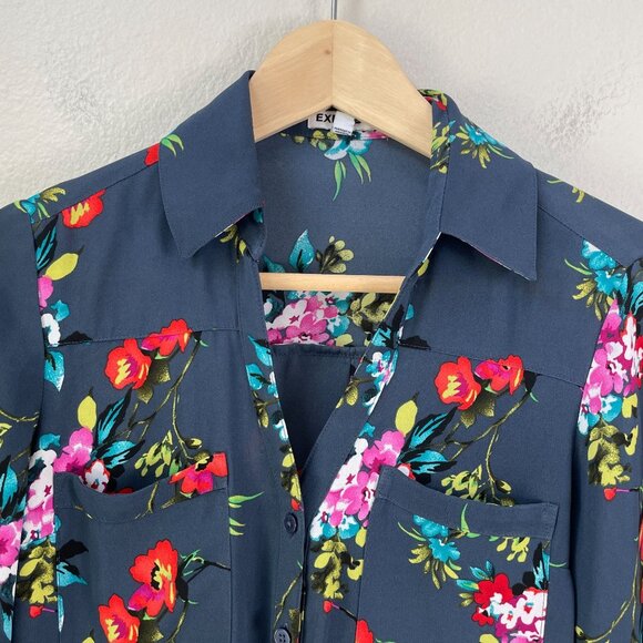 Express Womens XS Floral Button Up Blouse Roll Tab Sleeve Top - Picture 2 of 7